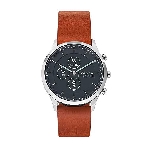 Skagen Smartwatch para hombre Hybrid HR 42 en acero inoxidable plateado con correa de piel marrón, SKT3000